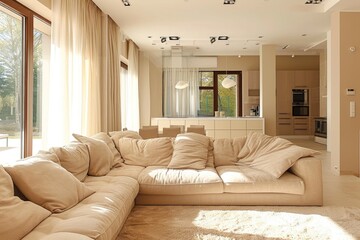 Modern Living Room Interior Design Idea in Beige Tones with Airy Ambiance and Stylish DÃ©cor
