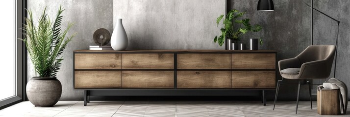 Modern Living Room Scene with Wooden Dresser and Beige Background