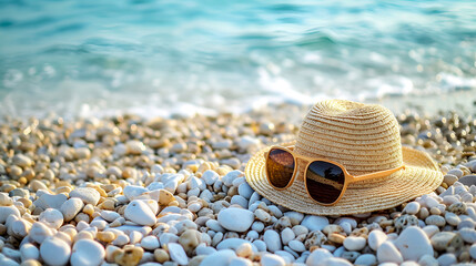 Beach textures with hat and sunglasses on pebbles. Straw hat and sunglasses on pebble beach. Seashore accessories atop a bed of smooth stones. Vacation vibes, hat resting on a pebble beach