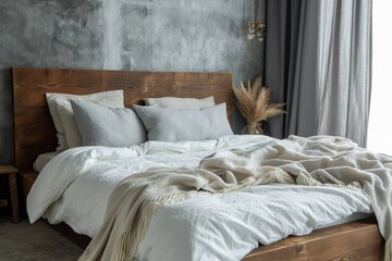 Elegantly Styled Bedroom Interior: Grey Blanket and Pillow on Wooden Bed with White Bedding