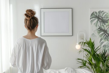 Back View Minimalist Bedroom Decor: Woman Hanging Blank Frame on Light Wall