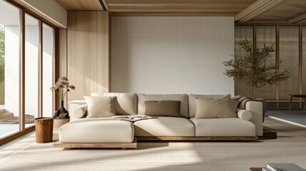 Cozy Beige Living Room Interior Design with Minimalist Sofa and Wooden Decor