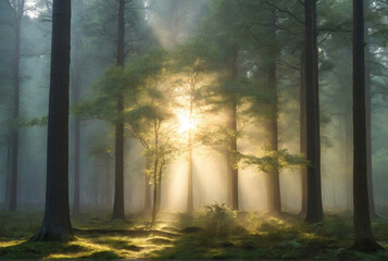 A Serene Forest Scene: tranquil forest at dawn, with light filtering through the trees