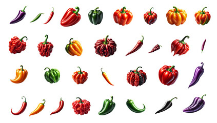 set of many types of pepper. Hot chilly isolated pepper collection. Pen tool cutout. Transparent background PNG. Red pepper, green pepper, orange pepper, black pepper, purple pepper. 
