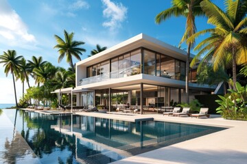Fototapeta na wymiar Minimalist Luxury Villa: Modern Design Amid Palm Trees and Infinite Pool