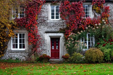 Fototapeta na wymiar British Charm: A Stone and White Luxury Home in an Autumn Village Setting