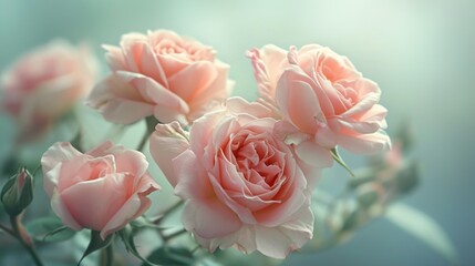 Serene Pink Roses: Soft Petals Floating Against Light Blue Backdrop - Valentine's Day Concept