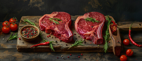 Succulent raw steaks ready for the grill, amidst rustic accompaniments of herbs and spices