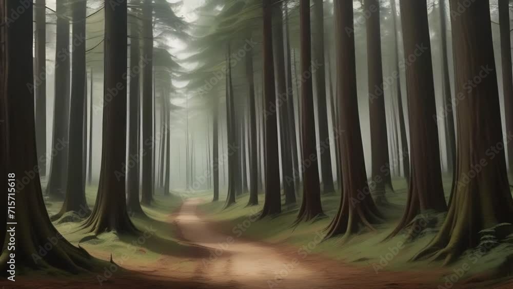 Poster a winding path through a misty forest with towering trees and soft light.