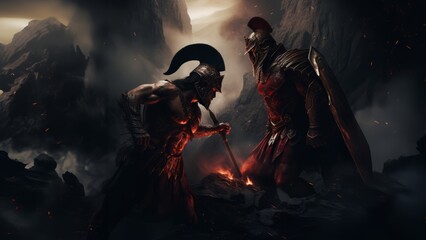 In a fierce clash, two Spartan warriors engage in a battle of valor and determination amidst the dark, foreign fiery mountains.Generated image