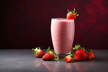 Delicious strawberry smoothie on plain backdrop. Generative AI