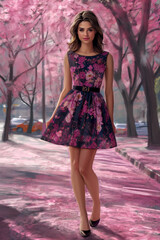 A beautiful woman in a mini dress in cherry blossom garden