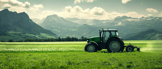 A tractor tills the lush green fields, with the majestic mountains standing sentinel in the background