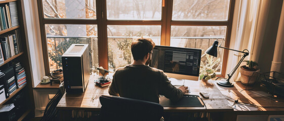 A serene home office bathed in sunlight with a focused individual at work amidst cozy surroundings - obrazy, fototapety, plakaty