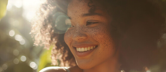 Sun-kissed freckles and a joyful smile radiate warmth in a close-up of a young woman reveling in the golden light of a summer's day