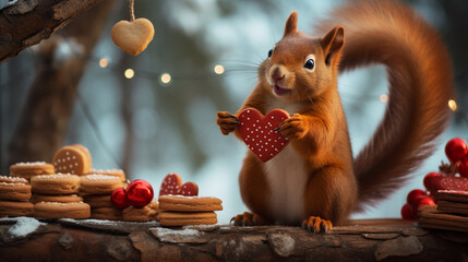 A squirrel is holding a cookie in the shape of a heart - obrazy, fototapety, plakaty