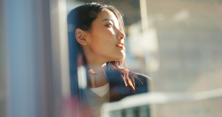 Japanese woman, thinking and city on street, travel and outdoor on vacation, direction or journey....