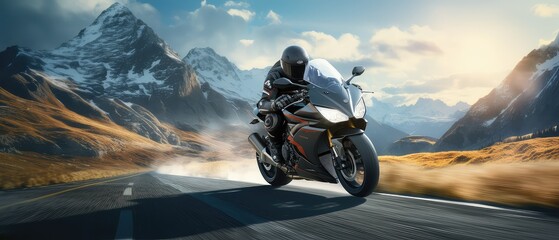 Motorcycle. Professional motorbike rider, riding with high speed in the mountains. Way. Concept of motosport, speed, hobby, journey, activity. Motorcyclist riding on mountain road at sunset. Sport - obrazy, fototapety, plakaty