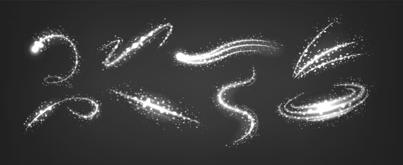 Sparkling Light Waves, Vector Black and White Graphic Elements. Energy, Fluidity, And Luminosity Dynamic Curve Lines