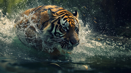 Fototapeta na wymiar Tigers running in the water