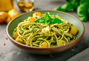 Spaghetti with pesto sauce, basil and potatoes in a bowl, on top of a marble table, with olive oil and potatoes in the background