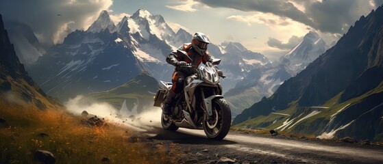 Motorcycle. Professional motorbike rider, riding with high speed in the mountains. Way. Concept of motosport, speed, hobby, journey, activity. Motorcyclist riding on mountain road at sunset. Sport