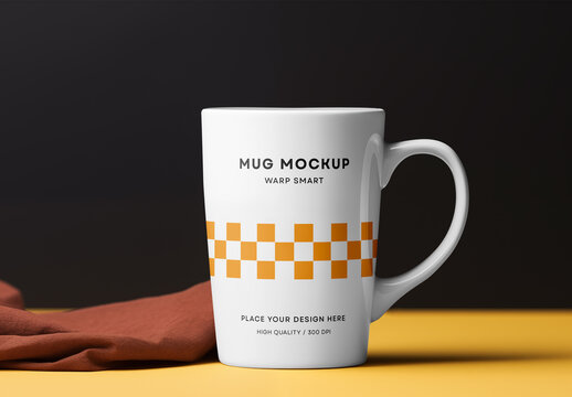 Tall Porcelain Mug Mockup with Orange Checker Pattern &ndash; Clean Branding Display for Beverage Packaging