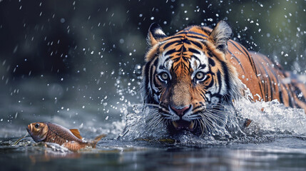 Tigers catching fish in the water