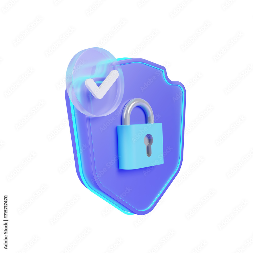Poster purple padlock security system and checklist icons glass material isolated on transparent background