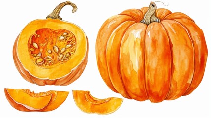 ripe juicy pumpkin whole and its half - obrazy, fototapety, plakaty