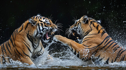 Two tigers fighting in the water