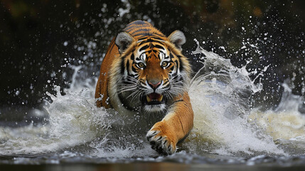 Angry tigers running in the water