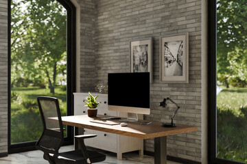view from angle on modern clean pc workplace; black monitor with copy space; minimalist office background with panoramic view on idyllic garden; digital home office concept; 3D rendering