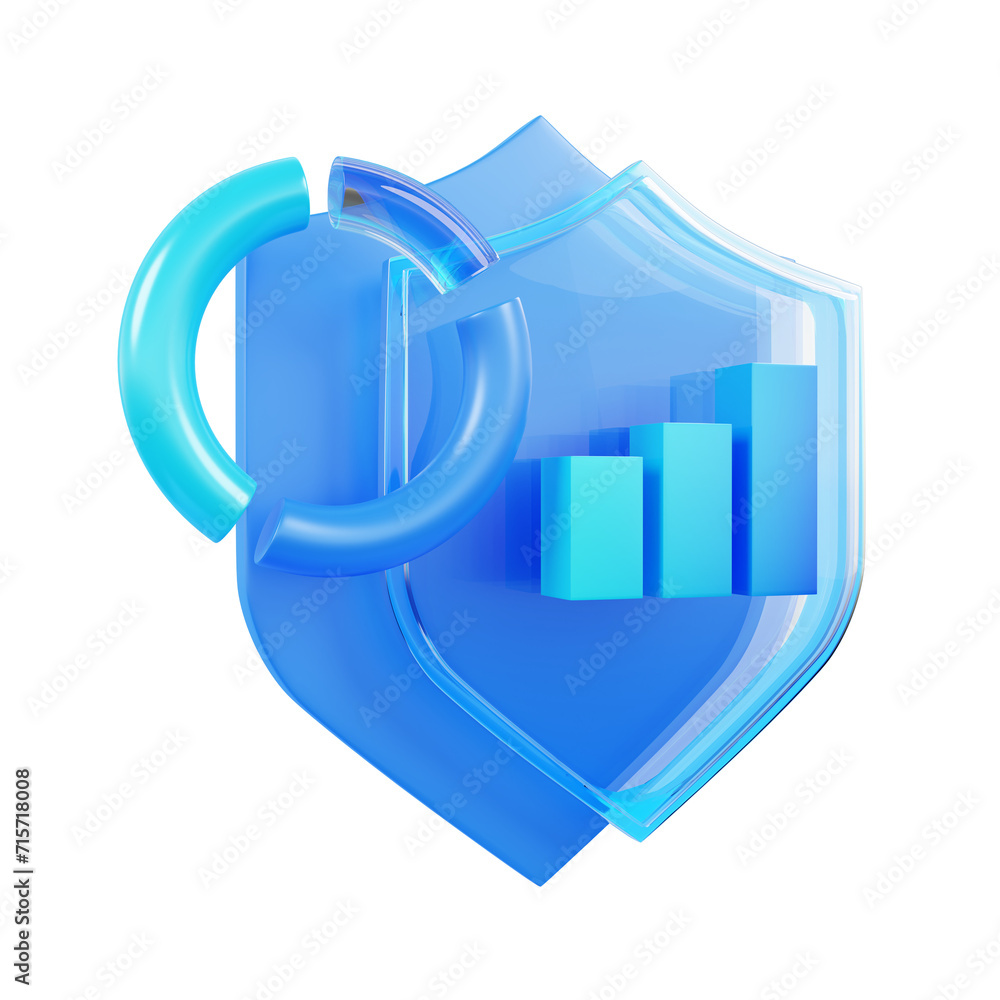 Poster security systems 3d icon and blue circle graph isolated on transparent background