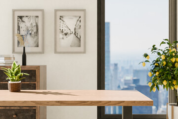 frontal view on empty clean wooden desk workplace; minimalist office background with panoramic view on big city skyline; digital home office concept; 3D rendering