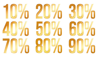 Golden Percentages typography with shining stars and no background. Transparent text in gold design.