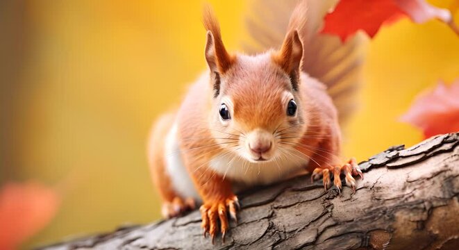 An inquisitive red squirrel perches on a branch with autumn leaves in the background.