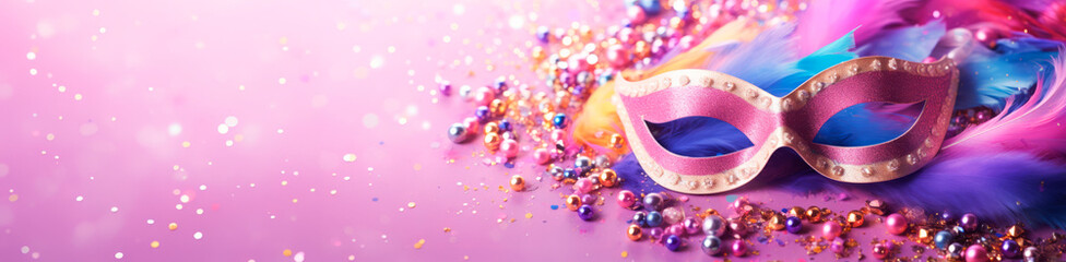 purple mardi gras carnival mask on purple background. horizontal banner, copy space for text,  - obrazy, fototapety, plakaty
