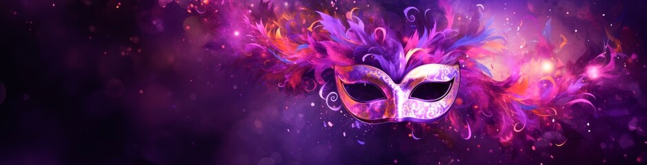 purple mardi gras carnival mask on purple background. horizontal banner, copy space for text, 