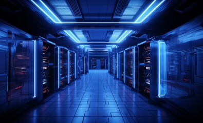 In the modern blue server room, high-tech computers hum with activity, forming the backbone of digital infrastructure.Generated image