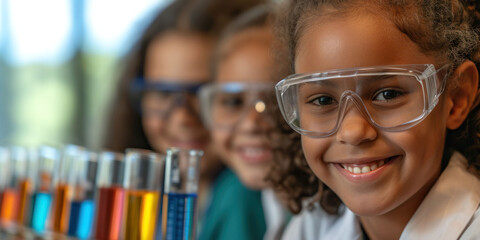 little girls are engaged in scientific activities, in front of them are test tubes with colored liquid, science week