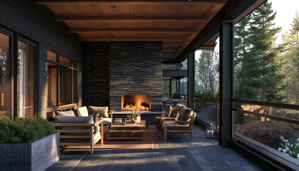 a view of an outdoor patio with fireplace and wood furniture - obrazy, fototapety, plakaty