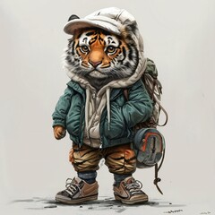 a drawing of a tiger with a backpack, anthropomorphic tiger, adorable digital painting, highly detailed character design, cute detailed digital art, by Ryan Yee, inspired by NEVERCREW, inspired by Aj