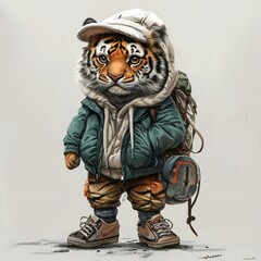 Fototapeta premium a drawing of a tiger with a backpack, anthropomorphic tiger, adorable digital painting, highly detailed character design, cute detailed digital art, by Ryan Yee, inspired by NEVERCREW, inspired by Aj