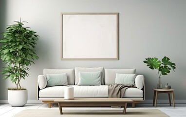 Minimalistic interior design. Stylish living room interior style with mock up frame above single sofa. Wood, plants, natural off white colors. AI Generative.