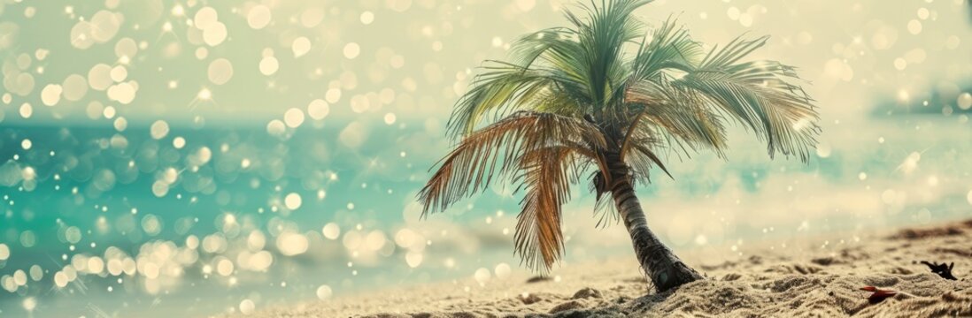 Sandy Oasis Wallpaper and Design with Palm Trees and Blue Sky, Generative AI