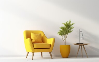 Scandinavian indoor design. Warm toned living room interior wall mockup with a yellow armchair and a background of a white wall, green plants. AI Generative.