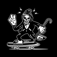 Skateboarding Grim Reaper in Tuxedo Mascot Character Design Hand Drawing Vector