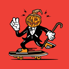 Skateboarding Pumpkins Head in Tuxedo Mascot Character Design Hand Drawing Vector