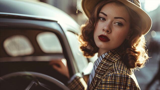 vintage-inspired fashion shoot, showcasing a brunette model adorned in retro attire